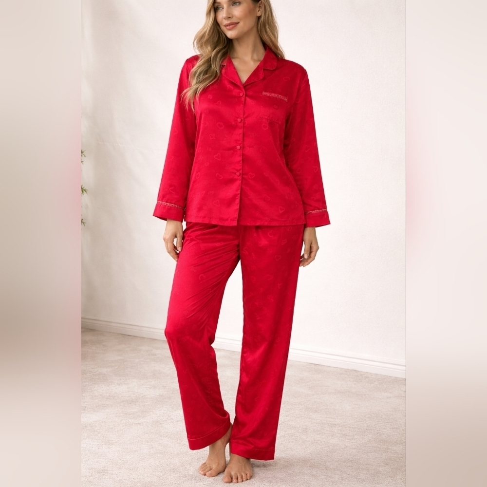Vintage Silk & Satin Valentine Red Pajama Set XL Heart Button Romantic Lingerie
